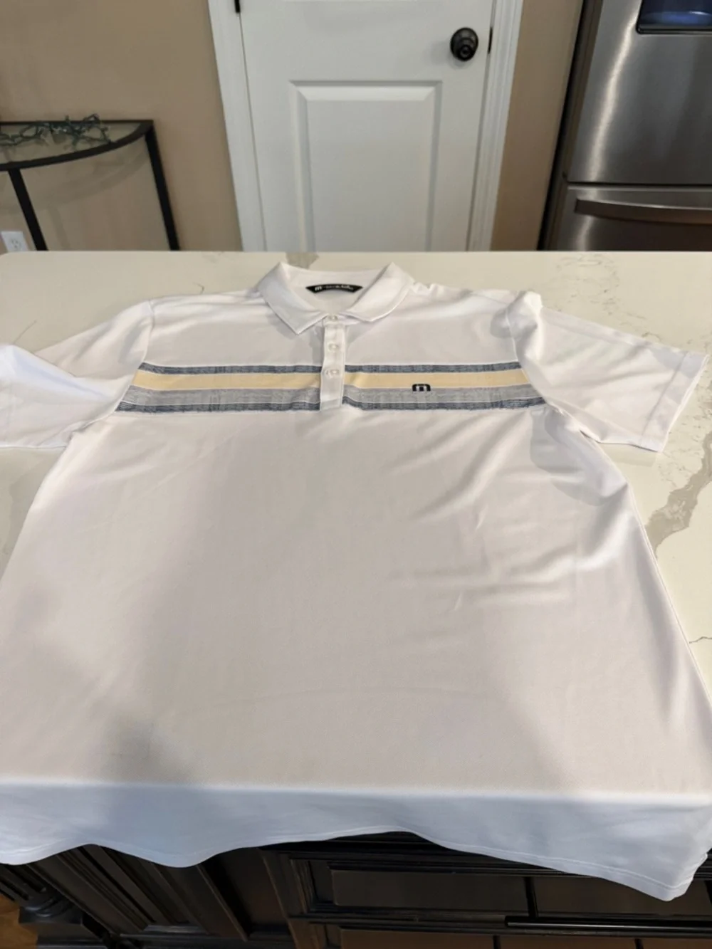 Travis Mathew White Polo with Navy and Yellow Stripes - Picture 3 of 5